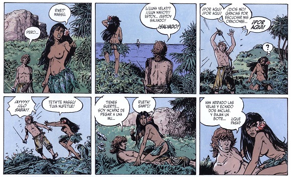 La bella indígena otea la llegada de un barco a la isla donde desterraron al contable seductor