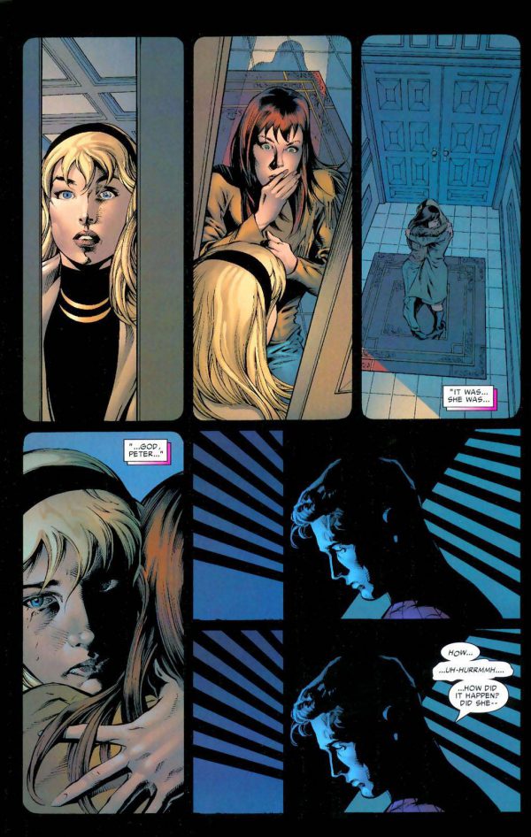 Detalle del trabajo de Mike Deodato Jr. Mary Jane descubriendo el secreto de Gwen Stacy.